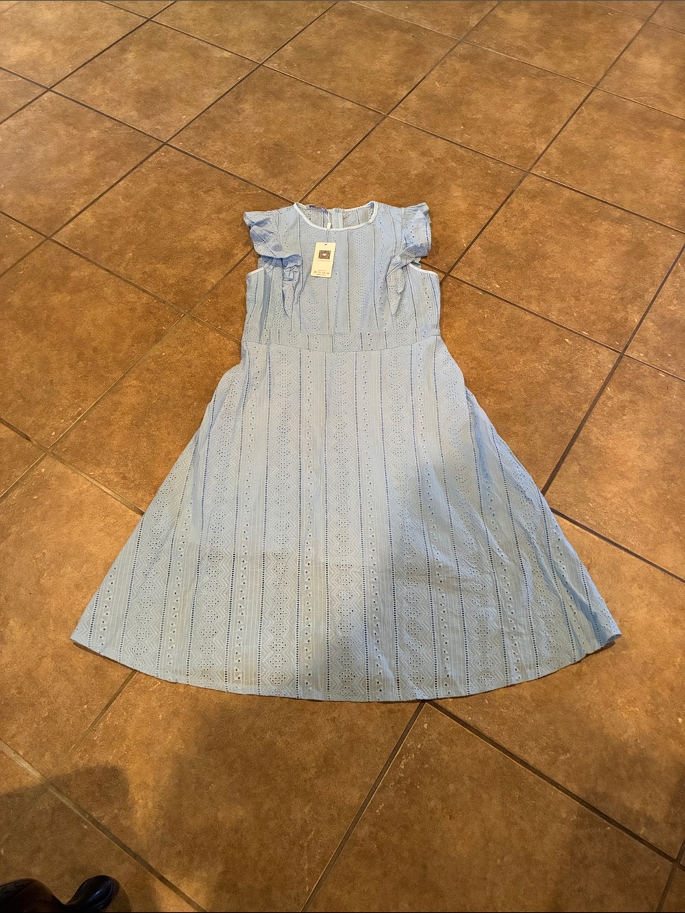 Blue Eyelet Ruffle Sleeve Kids Dress